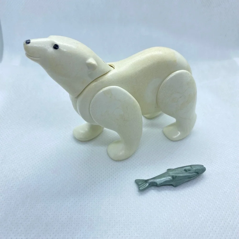 Vintage 1986 Playmobil Polar Bear Articulated Figure with Fish Accessory Cream